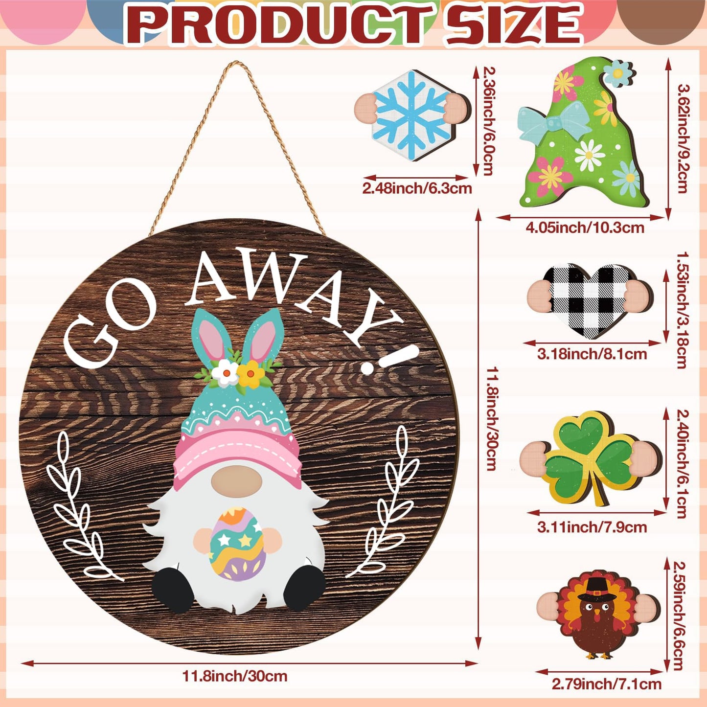 Easter Seasonal Gnome Wall Decor Set, 11.8 inch Wooden Round Sign with Interchangeable Holiday Hats, Go Away Door Hanging (Attractive)