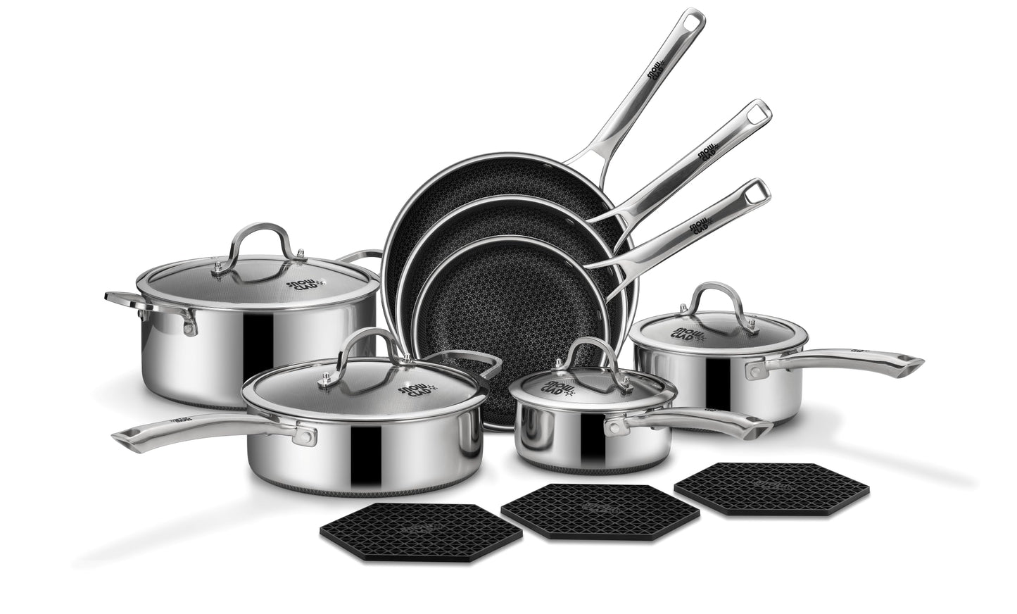 SNOWCLAD Pots and Pans Set Non Stick, 14 Pcs Hybrid Stainless Steel Cookware Sets, Non Stick Frying Pans, Saucepans, Saute Pan & Stock Pot, PFOA Free Kitchen Skillet,Induction Compatible