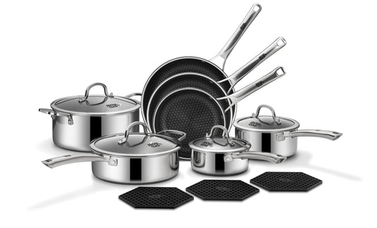 SNOWCLAD Pots and Pans Set Non Stick, 14 Pcs Hybrid Stainless Steel Cookware Sets, Non Stick Frying Pans, Saucepans, Saute Pan & Stock Pot, PFOA Free Kitchen Skillet,Induction Compatible