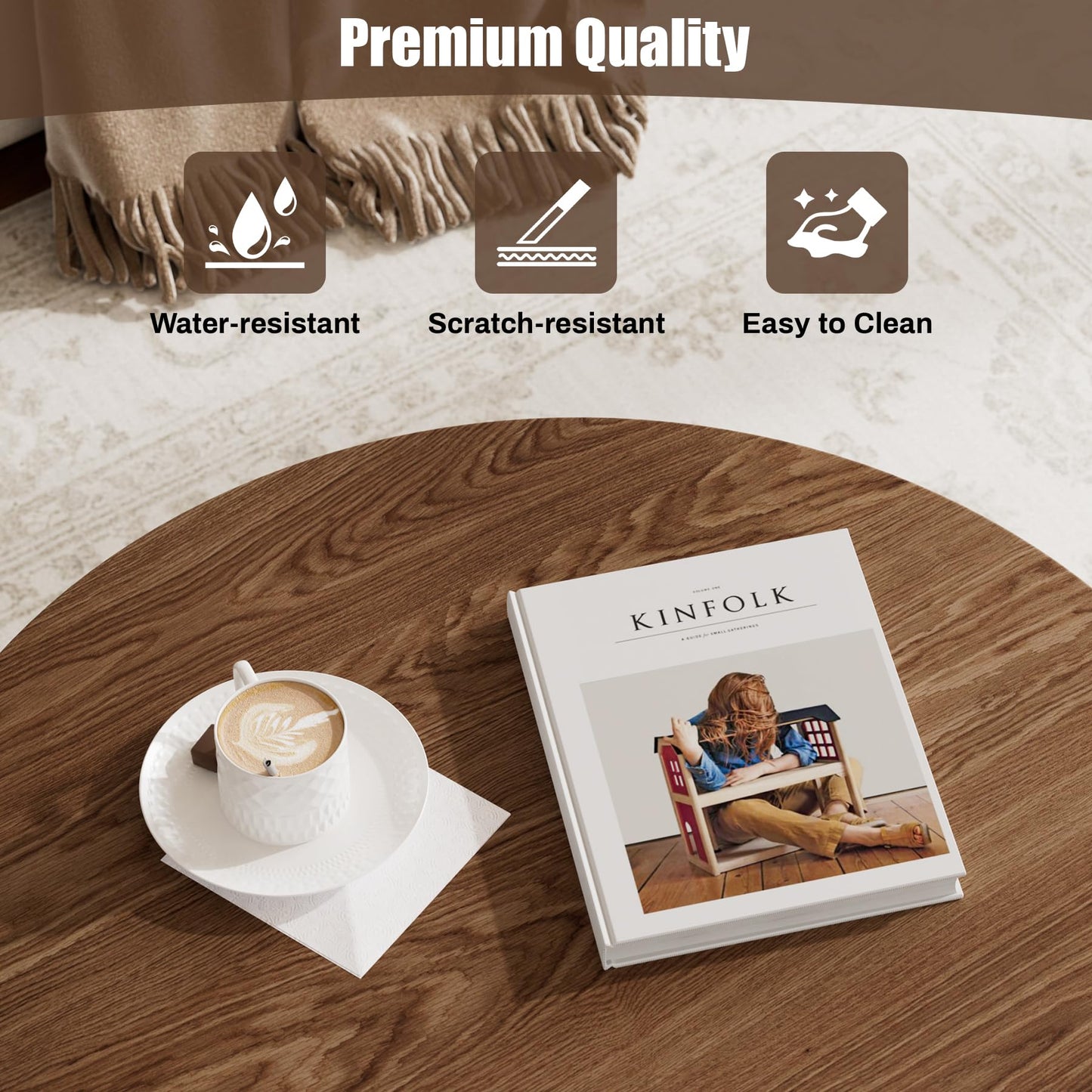 Rophefx Round Coffee Table with Storage, Wood Circle Coffee Tables for Living Room, Fluted Modern Circle Drum Center Tea Tables, ø31.5" x 14"H, Walnut Color