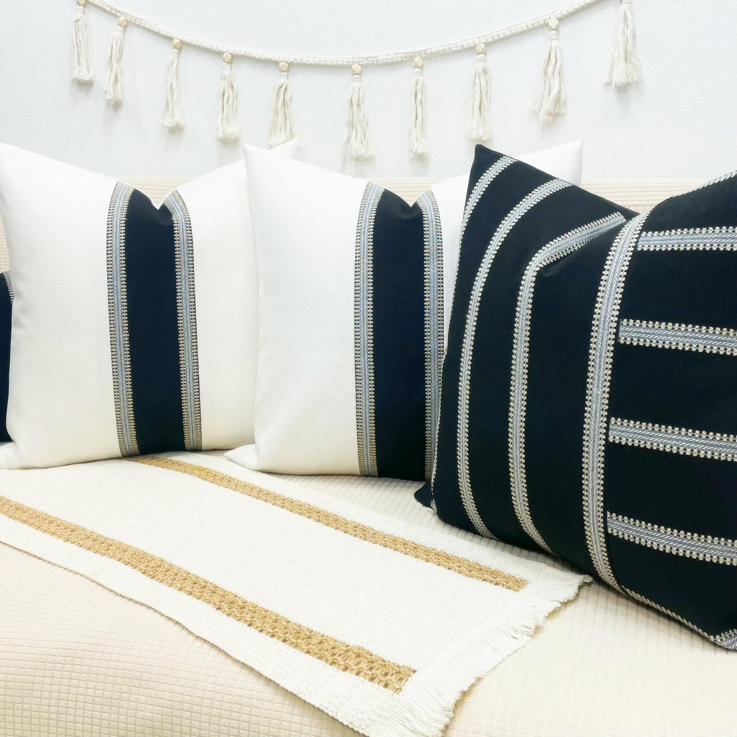 Slow Cow Pack of 2 Linen Off White and Black Patchwork Throw Pillow Covers Decorative Cushion Covers for Couch Sofa Square 18 x 18 Inches