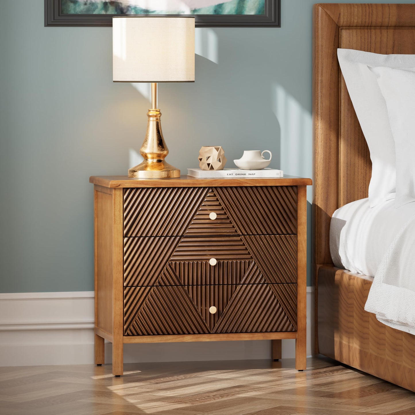 COZAYH 3 Drawer Fluted Dresser with Carved Geometric Pattern, Modern Nightstand, Side End Table for Bedroom, Accent, Carved, Alloy Handle, Fully-Assembled, Brown, Natural Wood