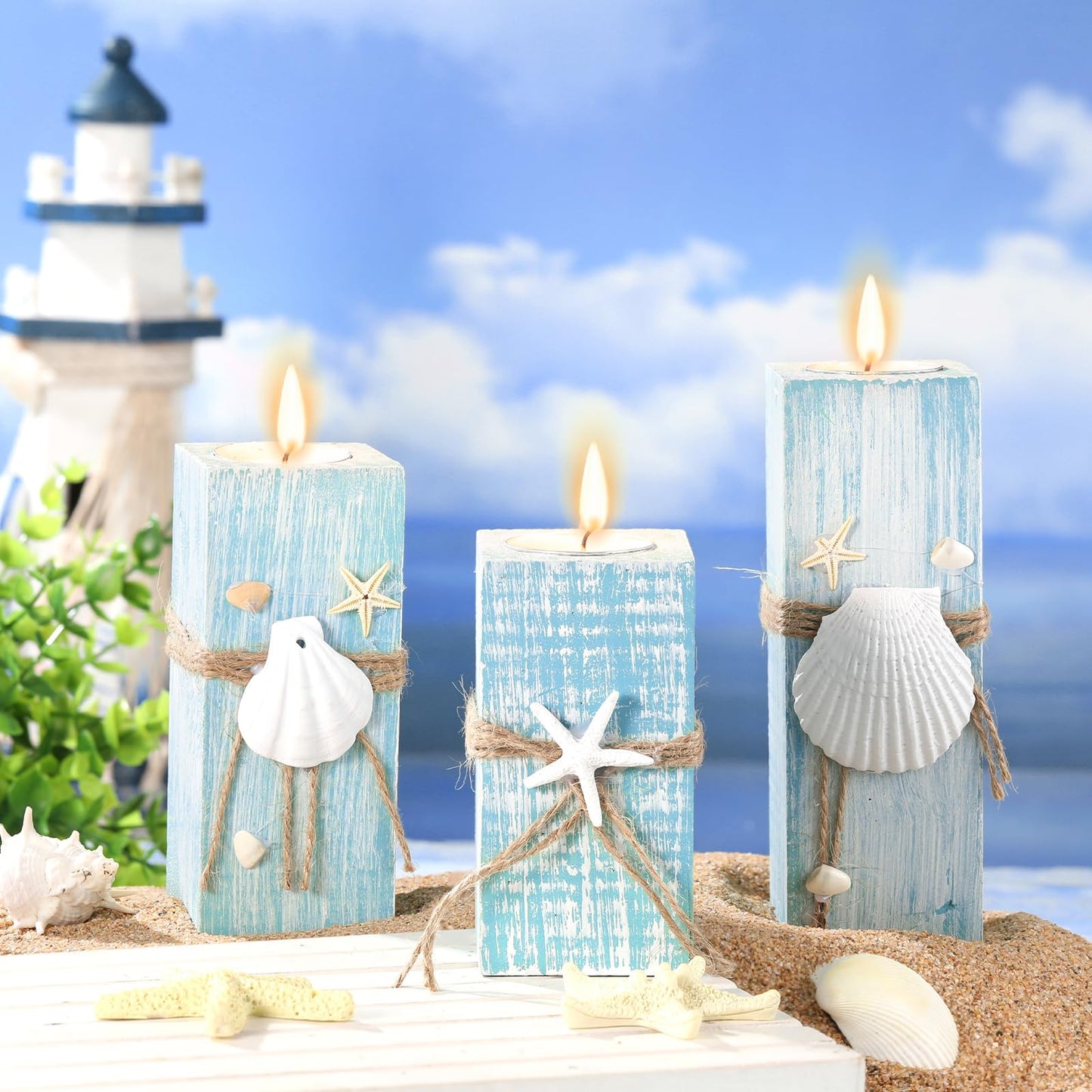 Suzile 3 Pcs Summer Ocean with Candles Tealight Candle Holders Decorations Wood Table Sign Starfish Scallop Tealight Marine Life Candlesticks for Table Centerpiece Tiered Tray Decor