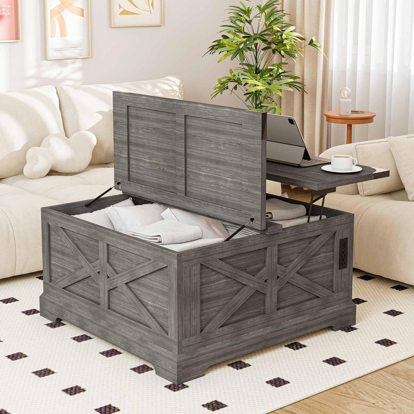 LAUSAINT HOME Farmhouse Lift Top Coffee Table with Large Hidden Storage Compartment, Wood Square Center Table with Lifting Top for Living Room, Home Office,Gray