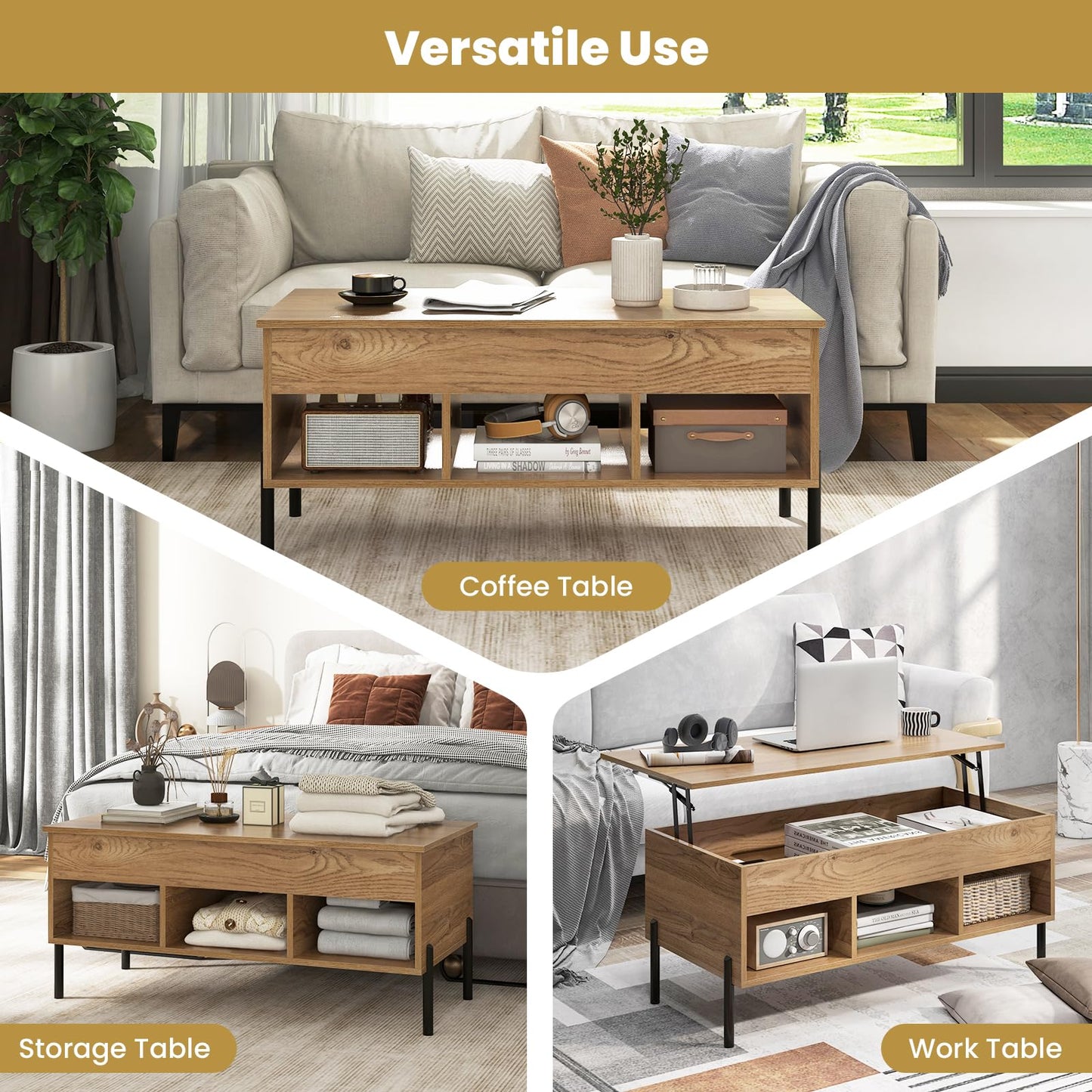 Tangkula Lift Top Coffee Table with Metal Legs, Rising Center Table w/Hidden Compartment & 3 Open Cubbies, Multifunctional Wood Dining Working Table for Living Room Reception Room (Natural)