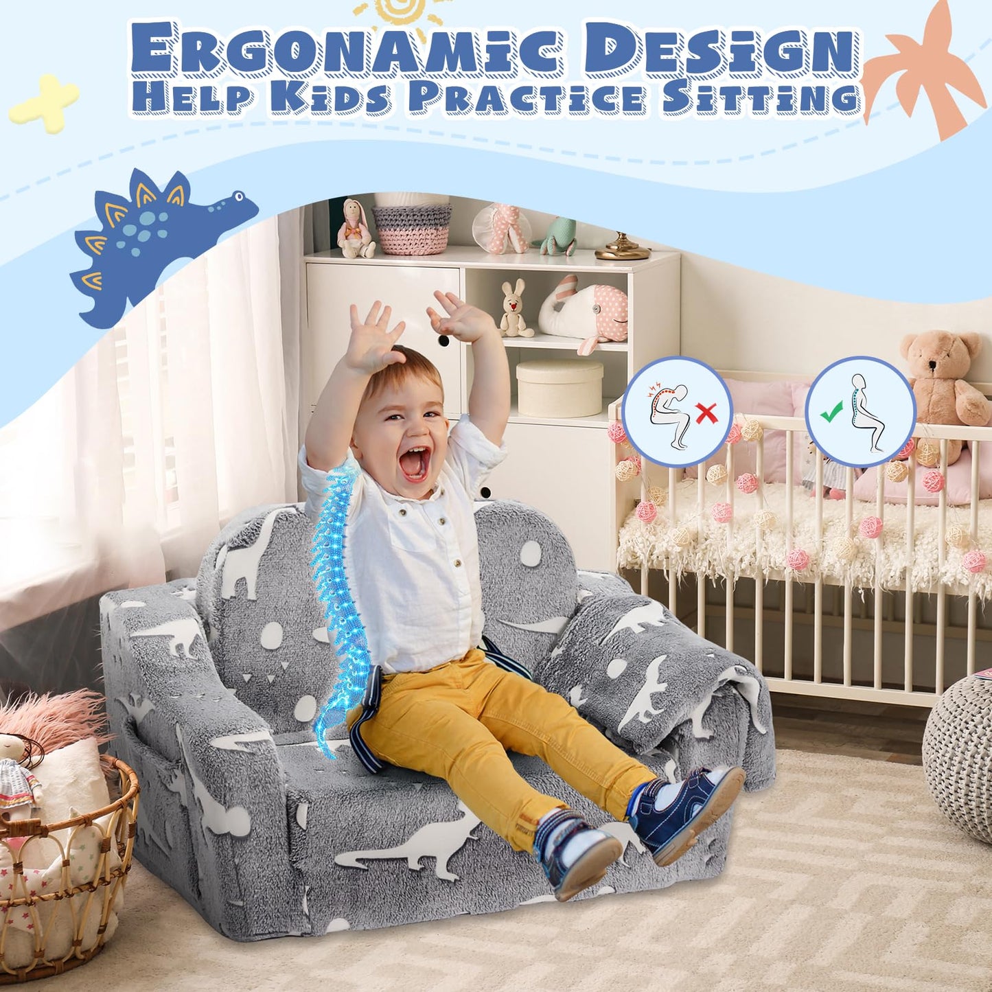 BUPPLEE Kids Sofa, 2-in-1 Soft Toddler Couch Fold Out, Toddler Chair Comfy with Cute Designs, Convertible Sofa to Lounger for Girls and Boys, Gray