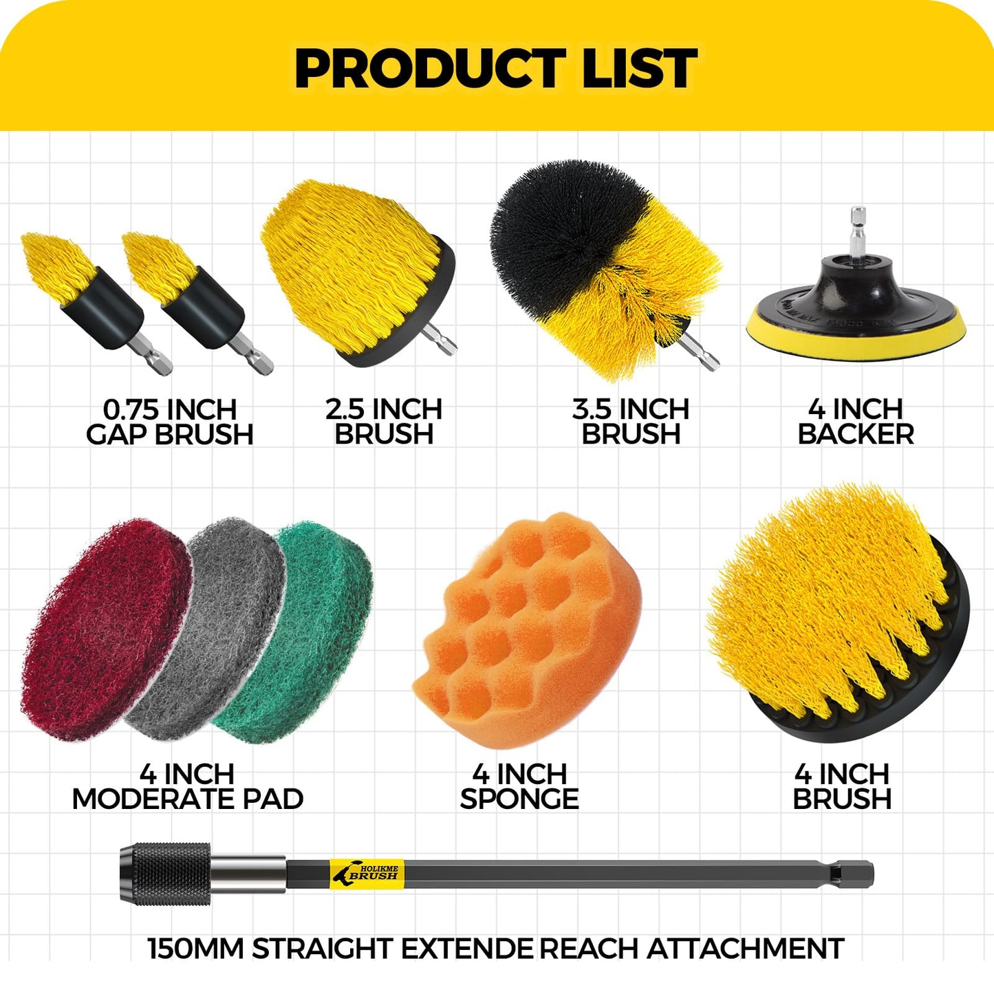 Holikme 11 Piece Drill Brush Attachment Set Scouring Pads Power Scrubber Brush Scrub Pads for Bathroom Surfaces, Floor, Tub, Shower, Grout, Tile, Corners,Cleaning Brush