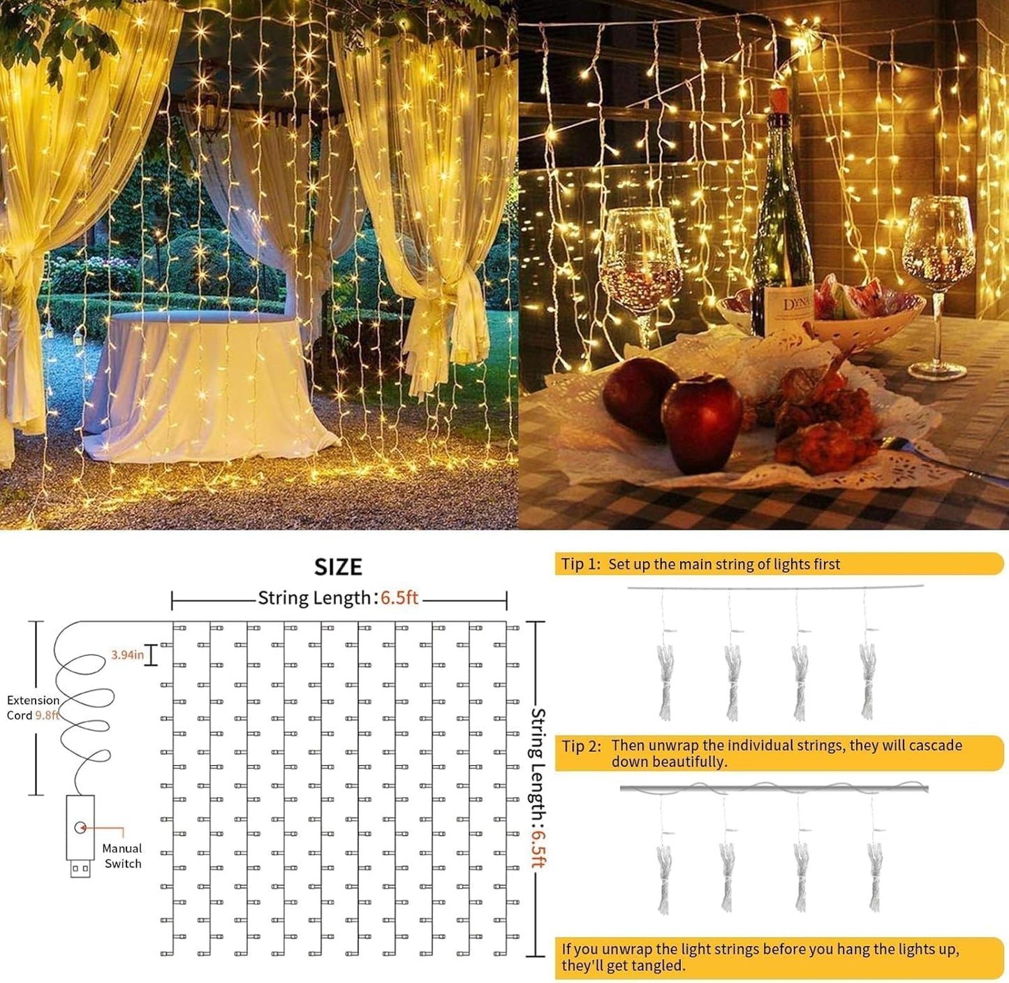 suddus Curtain Lights for Bedroom, 200 Led Hanging String Light Outdoor, Fairy Curtain Lights Indoor for Christmas, Dorm, Wall, Backdrop, Window, Wedding, Party, Birthday Decor, Warm White