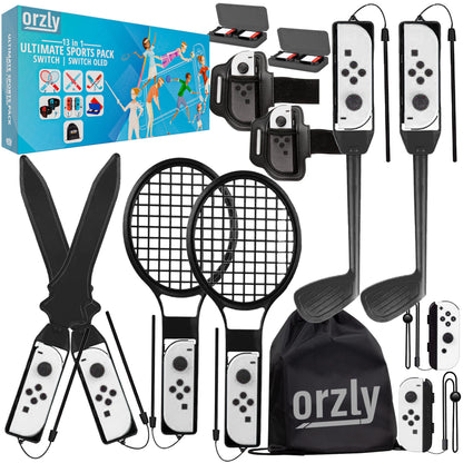 Orzly Switch Sports Games 2024 Accessories Bundle Pack for Nintendo Switch & Switch OLED with Tennis Rackets, Golf Clubs, Chambara Swords, Soccer Leg Straps & Joycon Grips - With Carry Bag