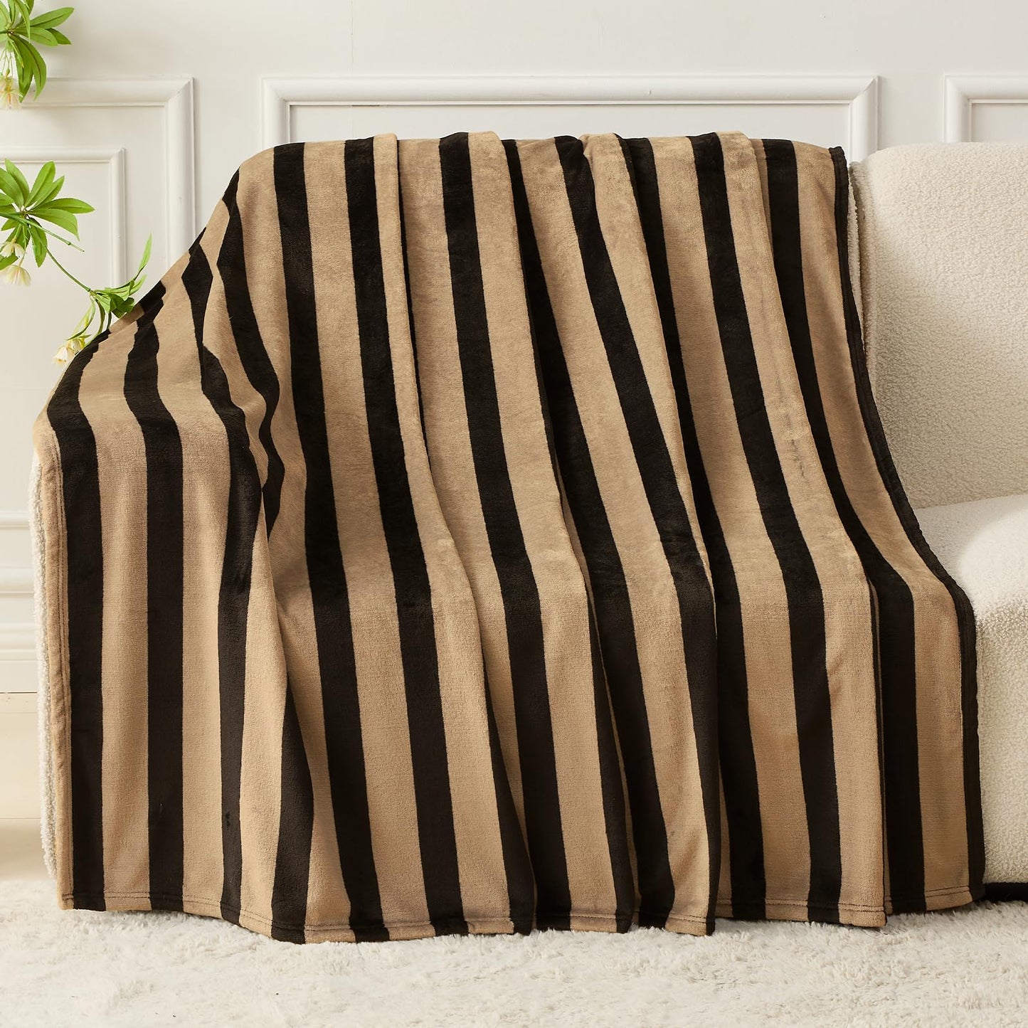 FY FIBER HOUSE Striped Flannel Throw Blanket - Soft Cozy Striped Blanket for Couch, Sofa, or Bed - 50"x60", Black Brown, All Season Use