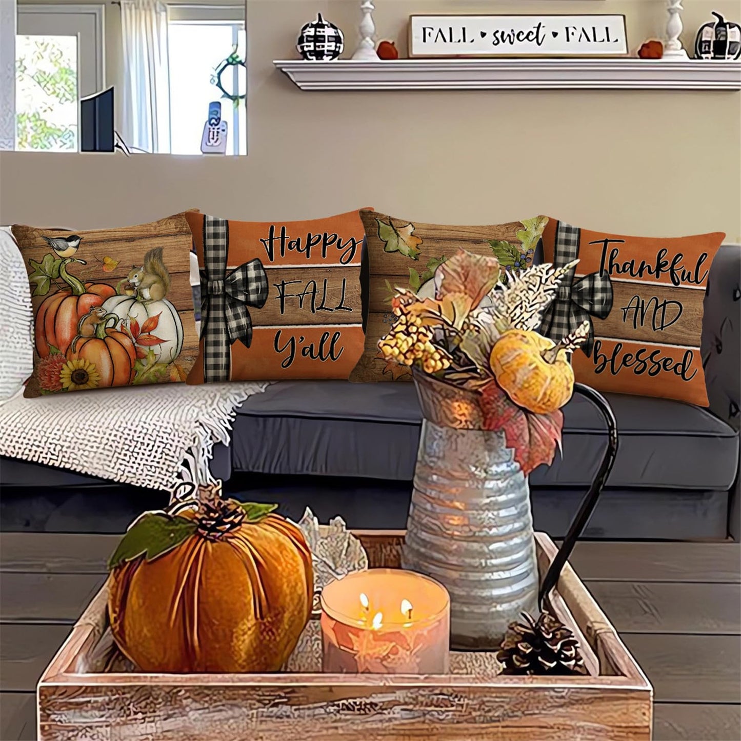 NIGHTWISH Fall Pillow Covers 18x18 Set of 4 Thanksgiving Decorations Squirrel Chestnut Pumpkin Outdoor Fall Decor Throw Pillow Covers Wood Striped Farmhouse Harvest Autumn Cushion Case for Sofa Couch