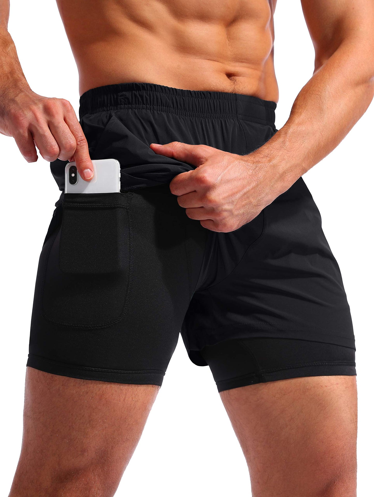 Pudolla Men’s 2 in 1 Running Shorts 5" Quick Dry Gym Athletic Workout Shorts for Men with Phone Pockets(Black Large)
