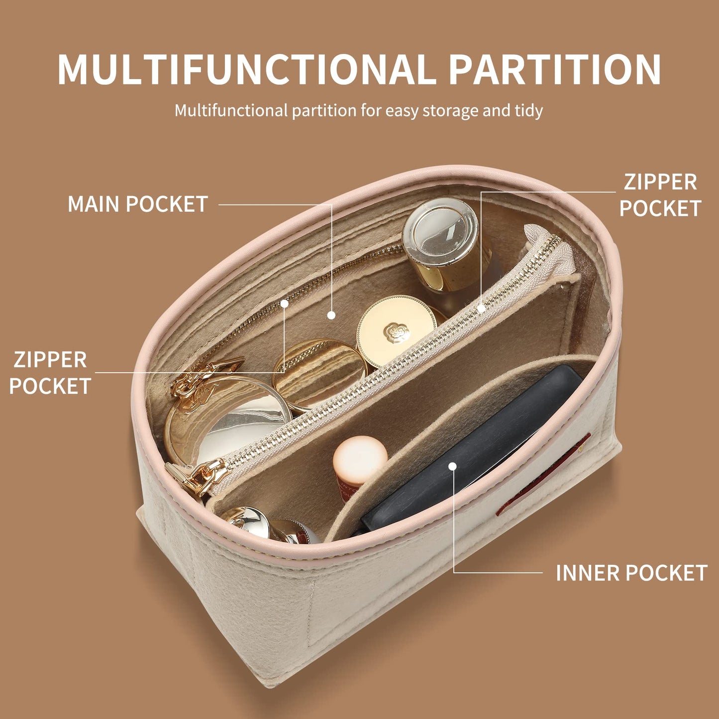 Doxo Purse Organizer Insert, Bag Organizer for Tote & Handbags, Bag in Bag, Perfect for LV Speedy 20,Alam BB,Petit Noe and More(Beige,Small)
