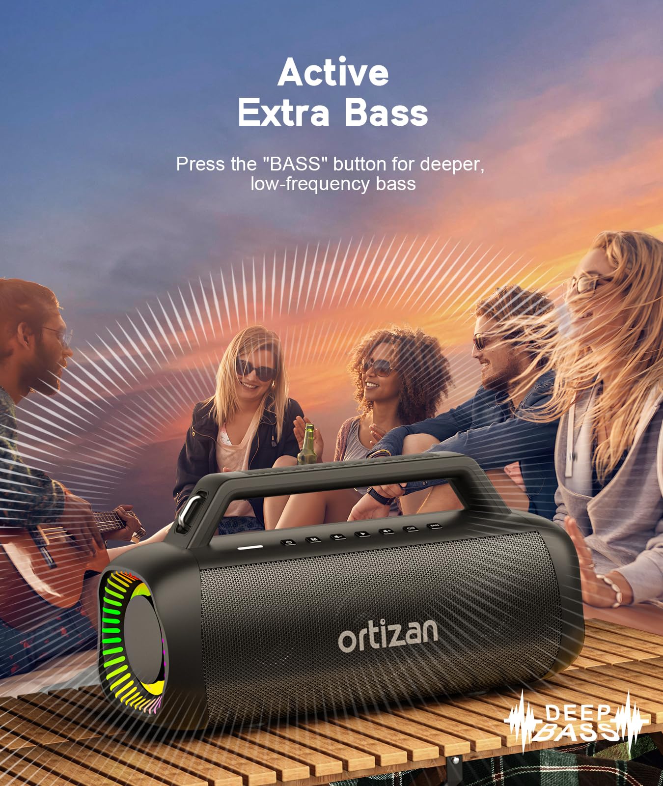 Ortizan Portable Bluetooth Speaker Loud, 80W Peak, Bass Up, 20H Playtime, IPX7 Waterproof, RGB Lights, Wireless Stereo Pairing, BT5.3, USB-C, Subwoofer Outdoor Speaker for Camping, Beach, Backyard