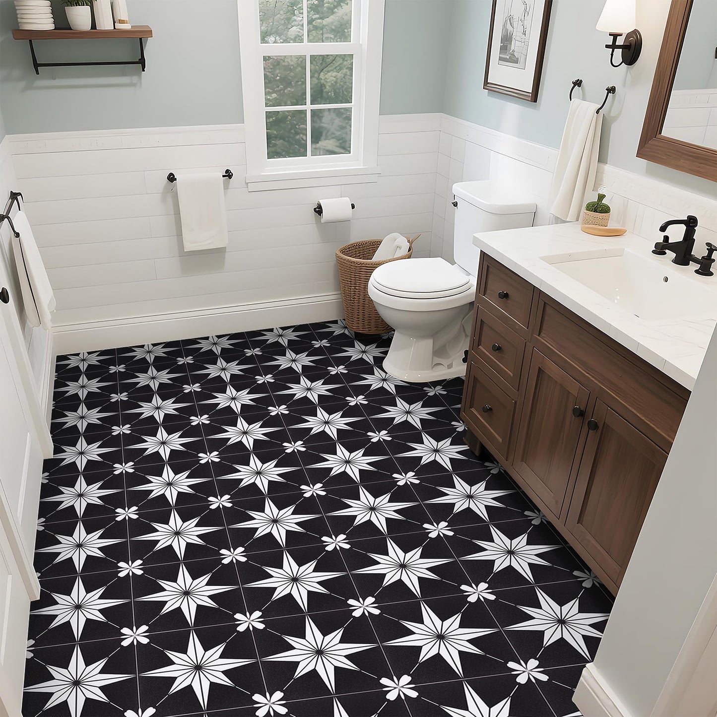 RomDeco Peel and Stick Floor Tile Waterproof, 11.81 in *11.81 in Vinyl Flooring Black, 10 Pcs Peel and Stick Flooring for Bathroom, Kitchen and Bedroom, Easy to Install Self-Adhesive