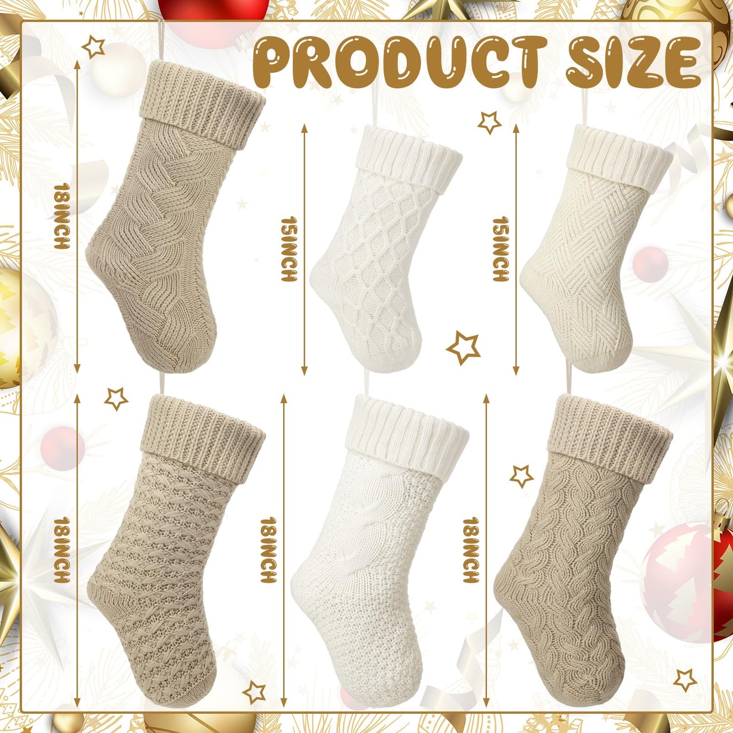 Syhood 6 Pack Cable Knit Christmas Stockings 18'' 15'' Large Knitted Stockings Ornaments Farmhouse Xmas Rustic Boho Decorations for Family Holiday Decor, 6 Styles(Khaki and Cream)