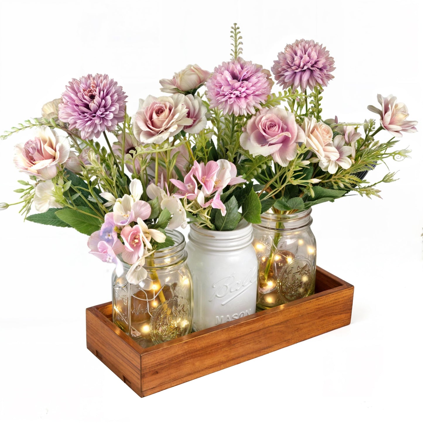 LIOZLIOLY Dining Mason Jar Lights Centerpiece Table Decorations for Dining Room Farmhouse Coffee Table Decor with Wood Tray, 3 Jars Artificial Flowers and Led Light for Kitchen Living Room (Purple)