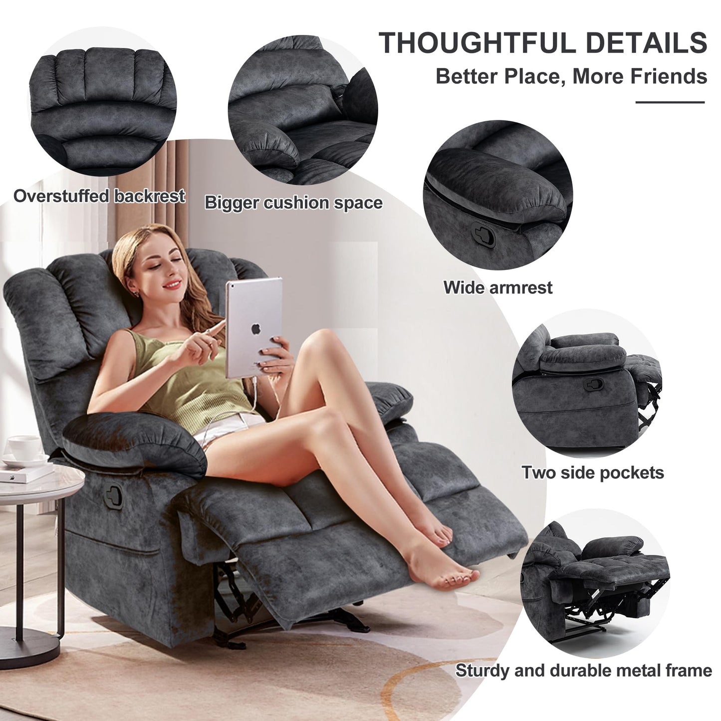 ZJTFNOU Oversized Recliner Chairs for Adults，Manual Adjustable Recliner Chair with Overstuffed Backrest with Lumbar Support, Reclining Chair Single Seat Sofa for Living Room, Bedroom