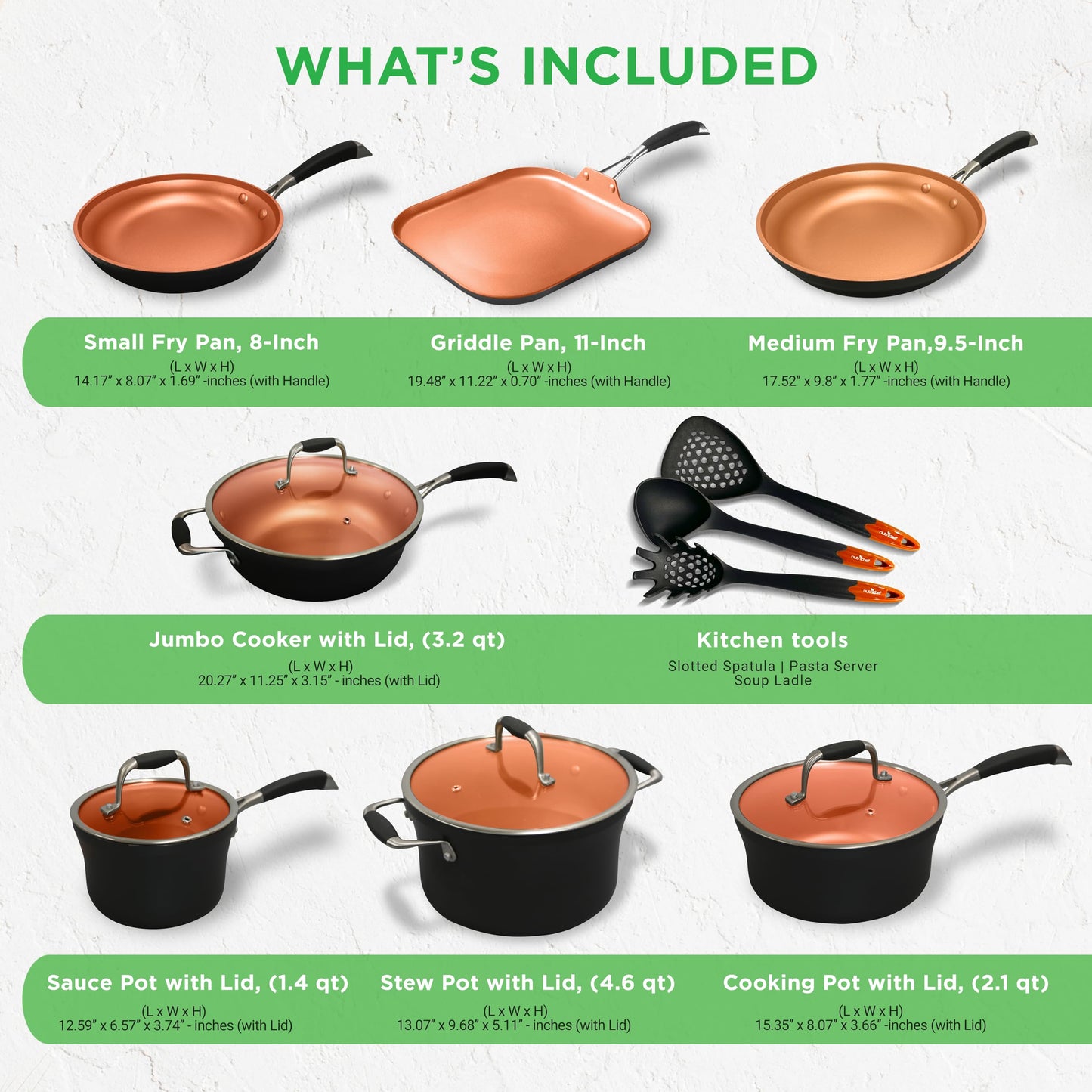 NutriChef 14-Piece Non-Stick Pots & Pans Set - Multi-Sized Cooking Pots with Lids, Small and Medium Frying Pans with Slotted Spatula, Pasta Server, Soup Ladle, Silicone Handles (Copper Color)