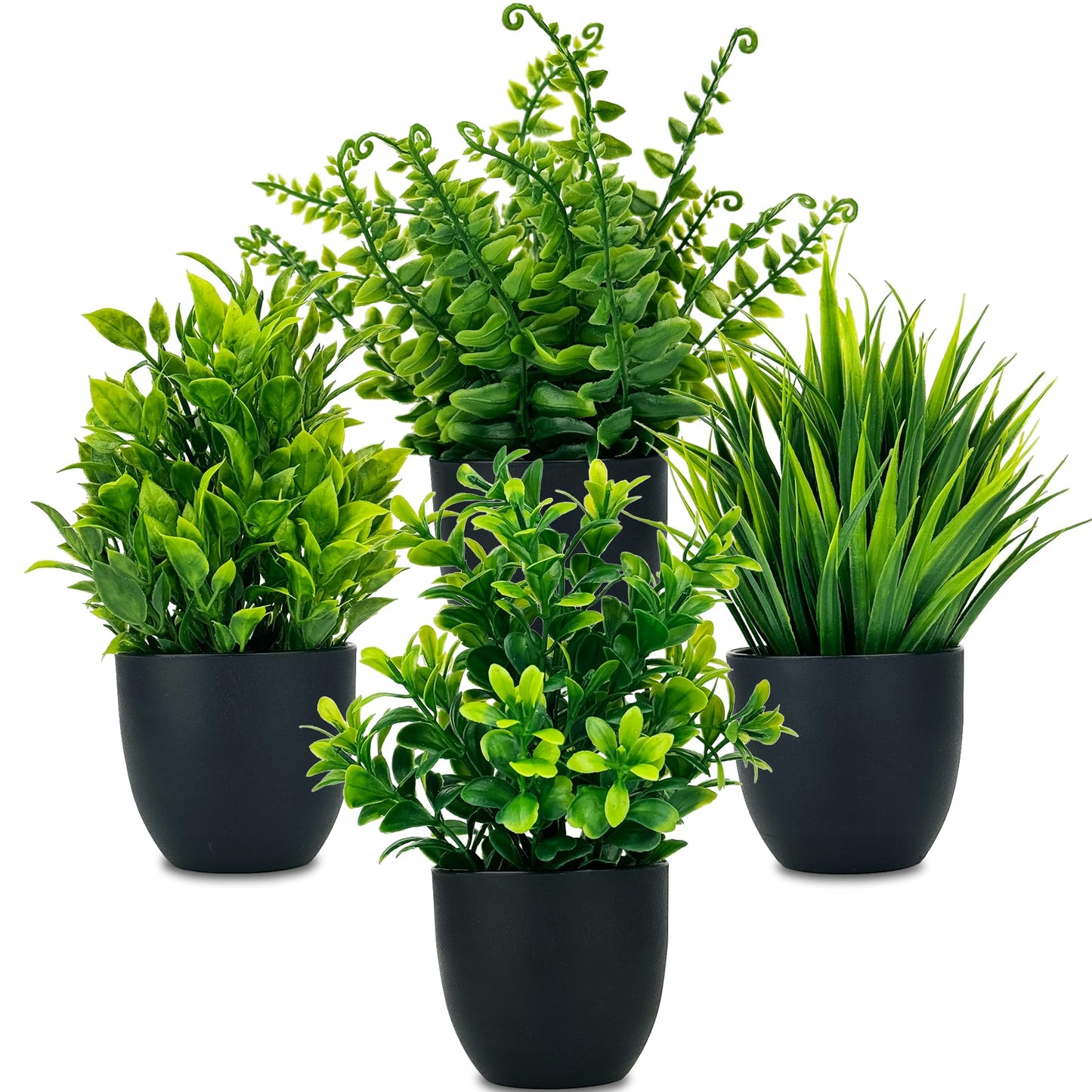 DCECDWD Set of 4 Fake Plants 7” Small Potted Plants Artificial Plants Indoor Mini Greenery Plants for Indoor Decor Home Shelf Office Decor, Compact Black Pot