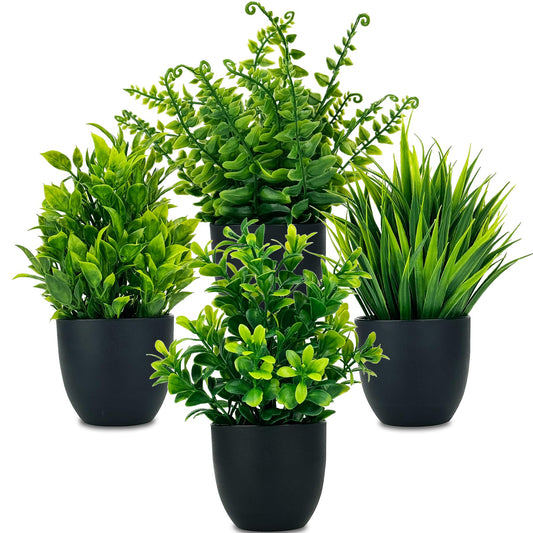 DCECDWD Set of 4 Fake Plants 7” Small Potted Plants Artificial Plants Indoor Mini Greenery Plants for Indoor Decor Home Shelf Office Decor, Compact Black Pot