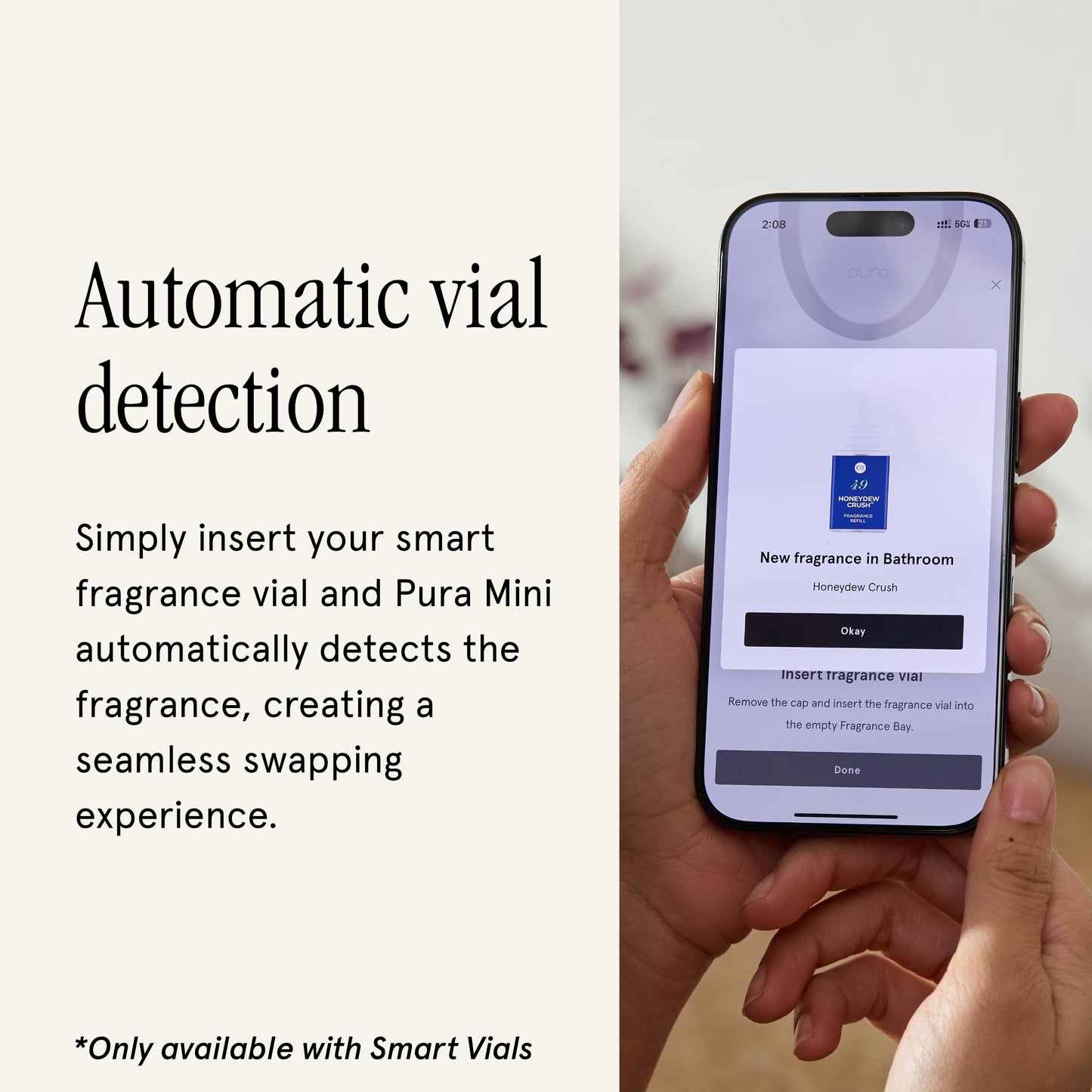 Pura Mini Smart Fragrance Diffuser for Small Spaces Adjustable Smart Home Device with LED Light & Automatic Vial Detection - Includes 1 Scent Refill; Lemon