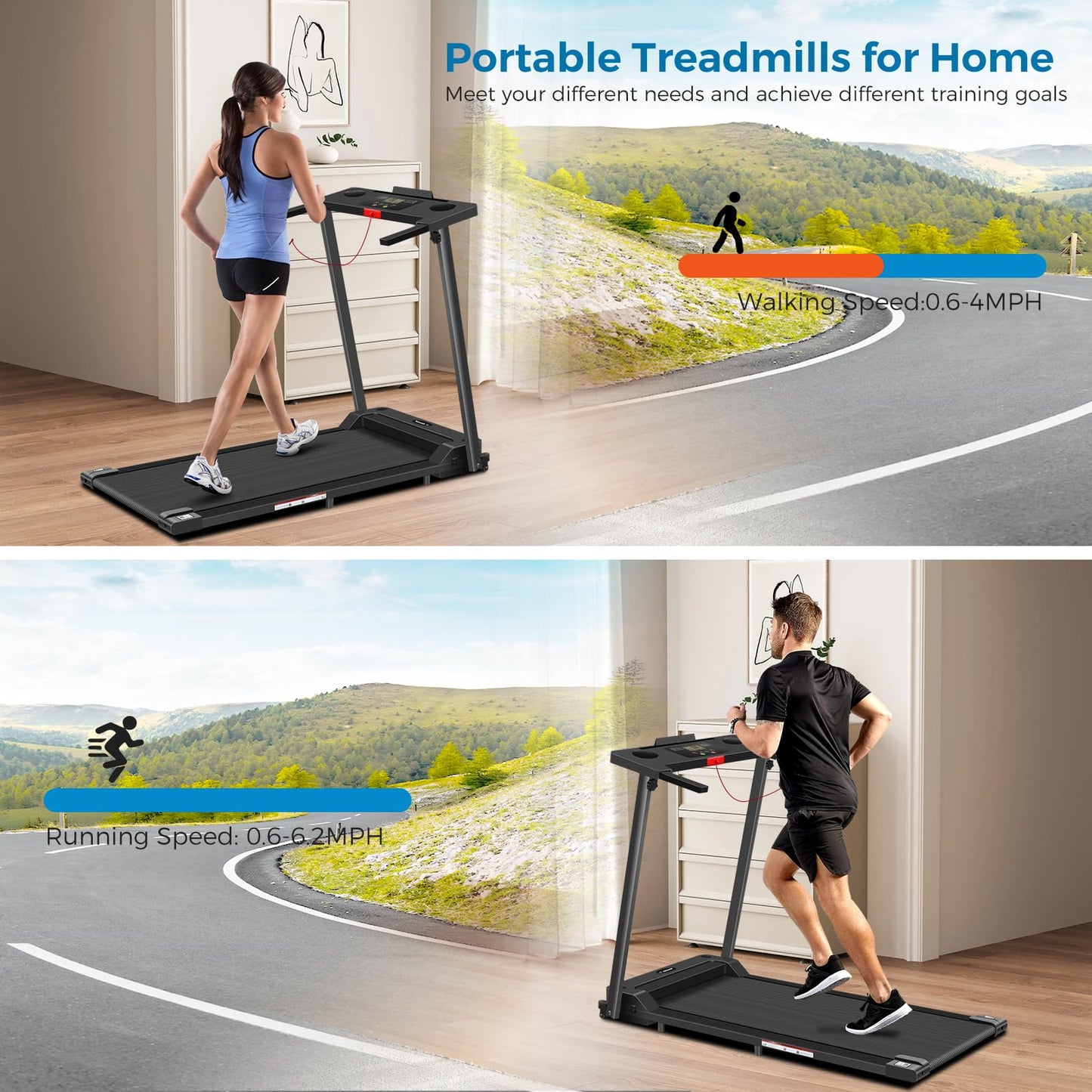 Treadmill with Handles, 2025 Upgraded Small Treadmills Home, Portable Electric Treadmills for Home 300 lbs Capacity,Walking Pad Treadmill,Lightweight Folding Foldable Walking Pad with LED Display