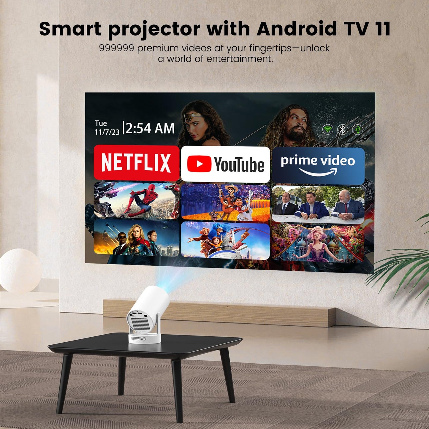 【Electric Focus】Mini Portable Projector with 4K Support, Bluetooth 5.4 WIFI6, 5watt Sound Base Speaker, 260 ANSI, Android 11, 210° Rotation , Auto Keystone Correction Video Projector HY300 Ultra