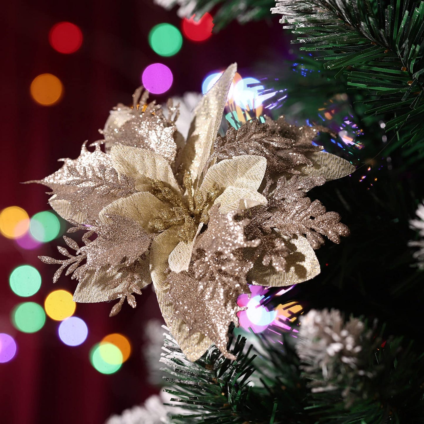 STOBOK Christmas Glitter Poinsettia Artificial Flowers|12 Pack Christmas Tree Ornaments for Wreaths Garland Holiday Party, Xmas Decoration, Red 6 Inch (Poinsettia)