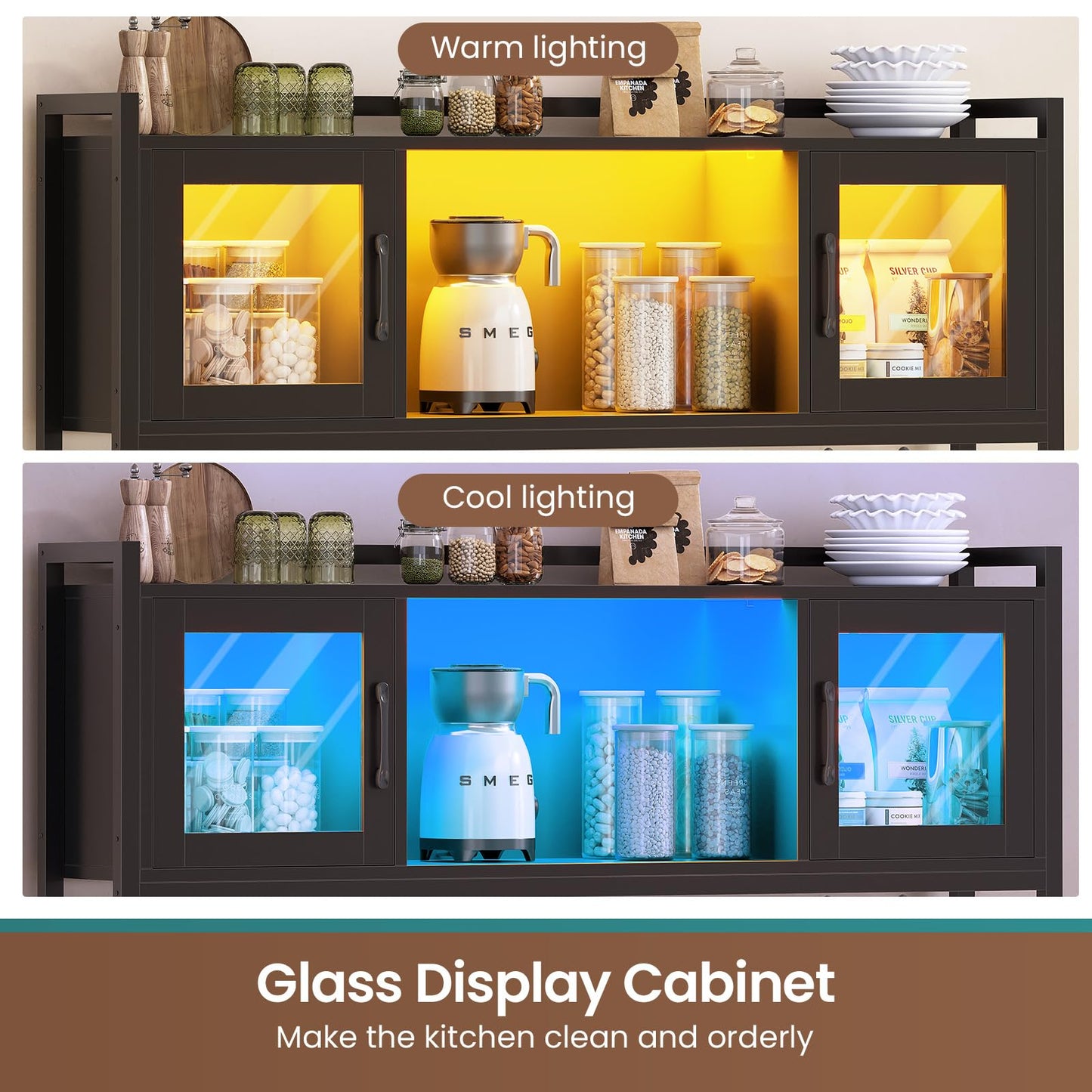 Itaar 47.2 Inch Coffee Bar Cabinet with Power Outlet, Farmhouse Bakers Rack with Storage, Kitchen Microwave Stand with Wine Rack, LED Light, Glass Cabinet, Goblet Holder and 12 Hooks (Black)