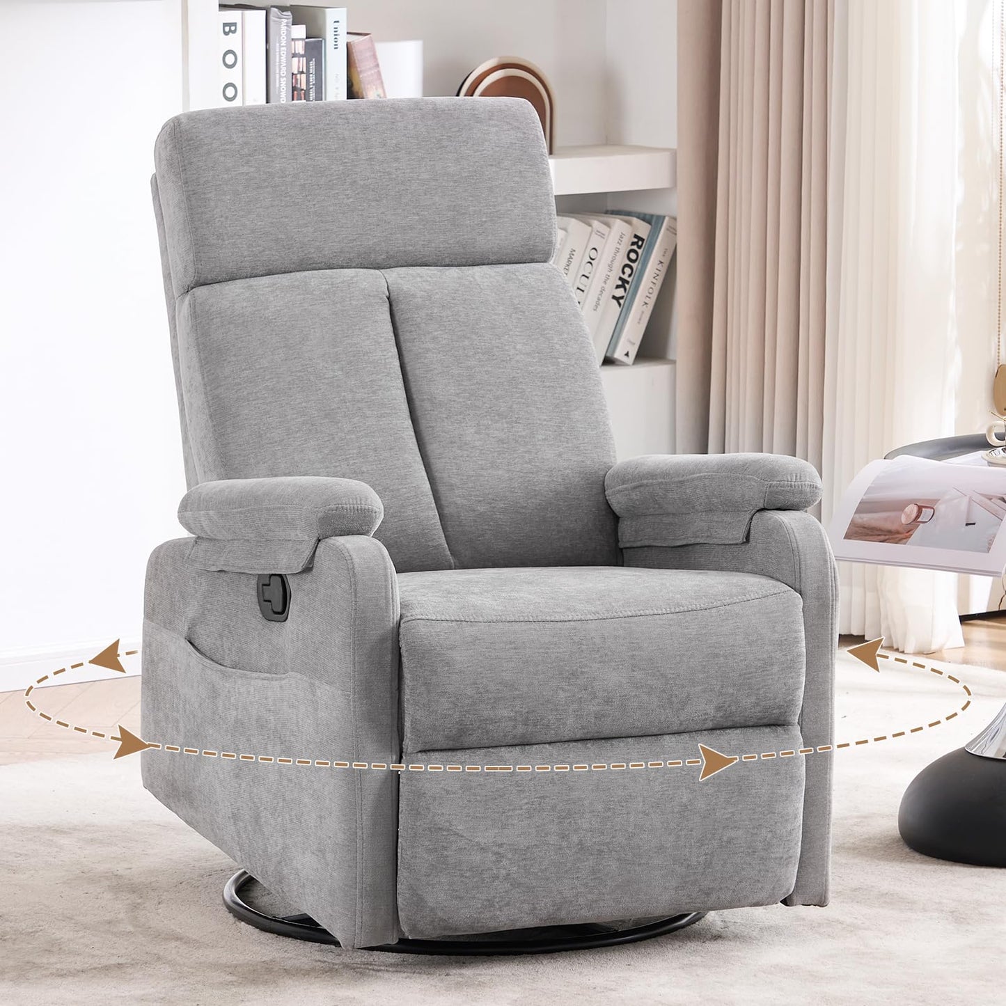 Zuacs Recliner Chair,Swivel Rocking Chair Nursery,Small Rocker Recliner for Small Spaces, Glider Recliner Nursery Chair for Adults with Side Pockets for Living Room, RV, Upholstered Fabric Grey