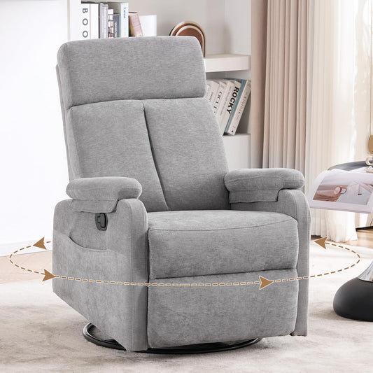 Zuacs Recliner Chair,Swivel Rocking Chair Nursery,Small Rocker Recliner for Small Spaces, Glider Recliner Nursery Chair for Adults with Side Pockets for Living Room, RV, Upholstered Fabric Grey