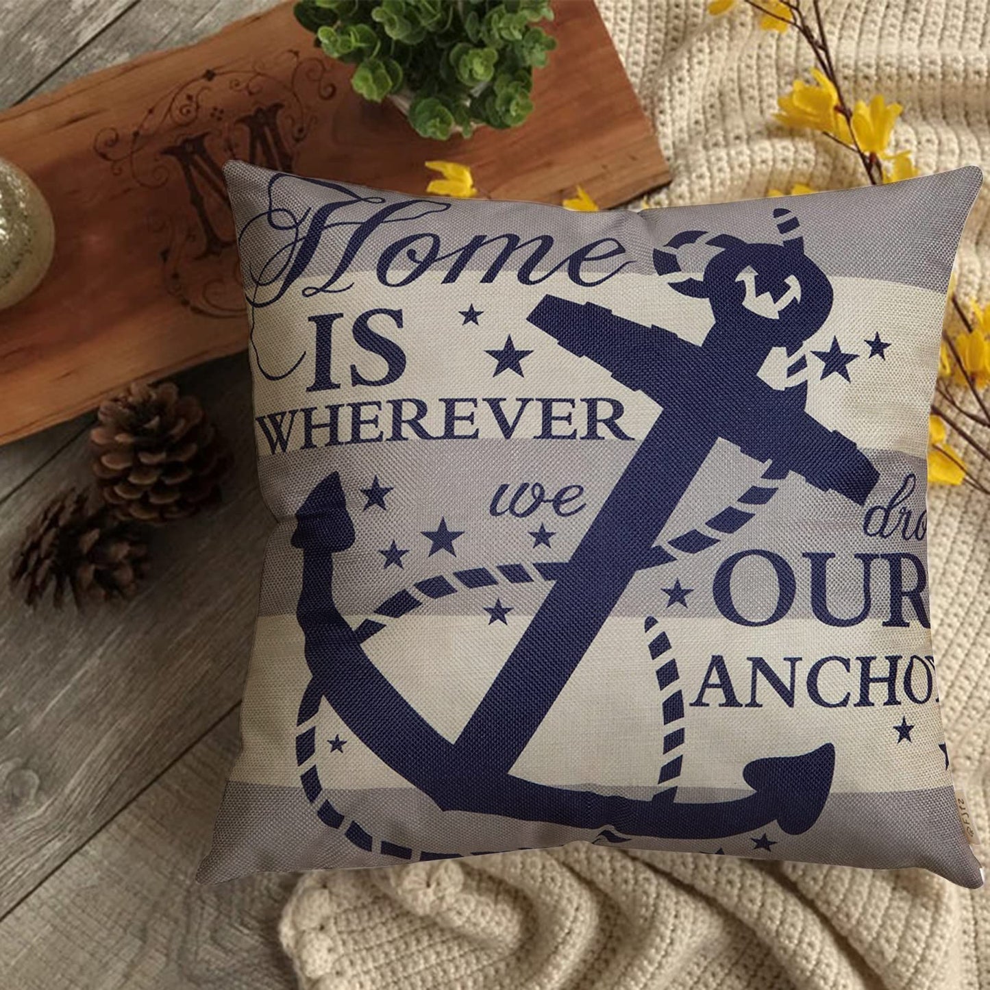Fjfz Nautical Farmhouse Decorative Throw Pillow Cover 18x18 Home is Wherever We Drop Our Anchor Quote Sign Summer Ocean Cruise Lover Decoration Home Decor Cotton Linen Cushion Case for Sofa Couch