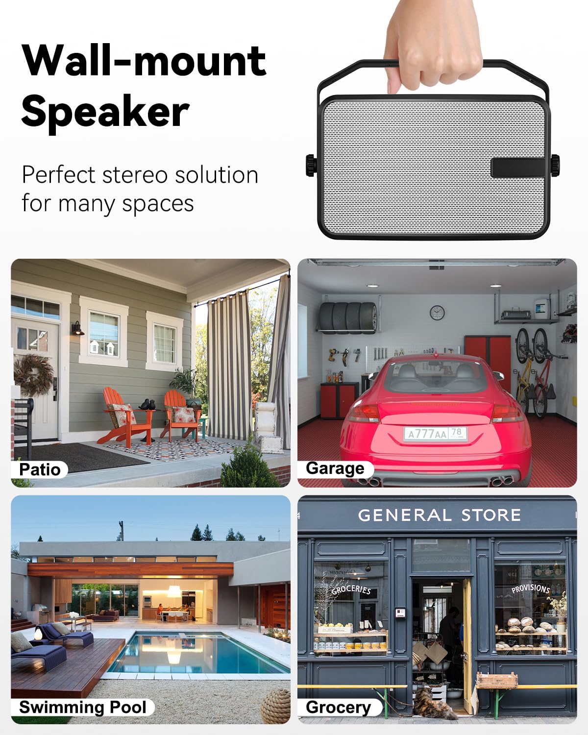 Plyee Audio 400W Outdoor Bluetooth Speakers, Wireless Sync Between Speakers, IPX5 Waterproof, Powerful Bass, Wall Mount for Patio, Porch, Gazebo, Garage, 2-Pack, White(MZ-621)