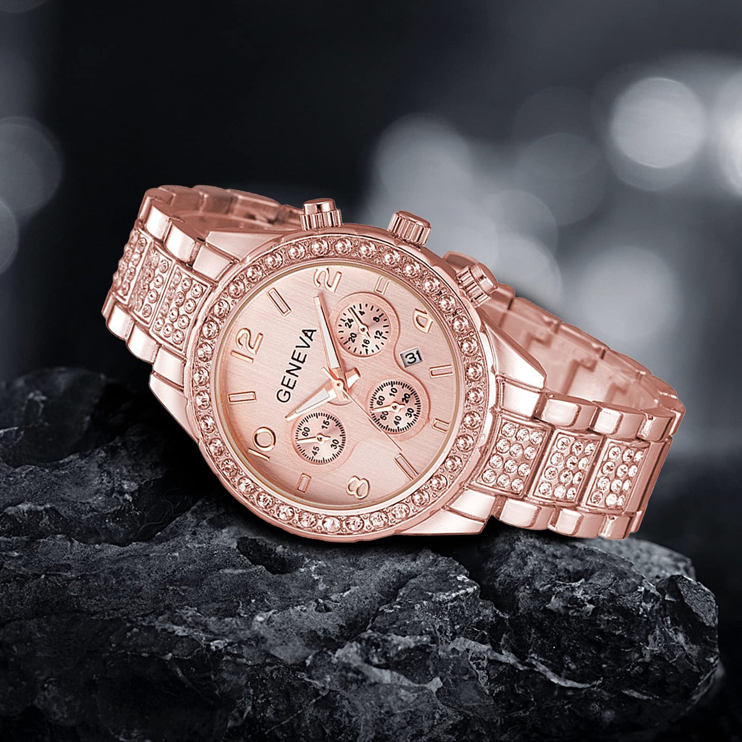 Luxury Unisex Crystal Diamond Watches Quartz Digital Calendar Rose Gold Silver Stainless Steel Watch (Rose Gold)