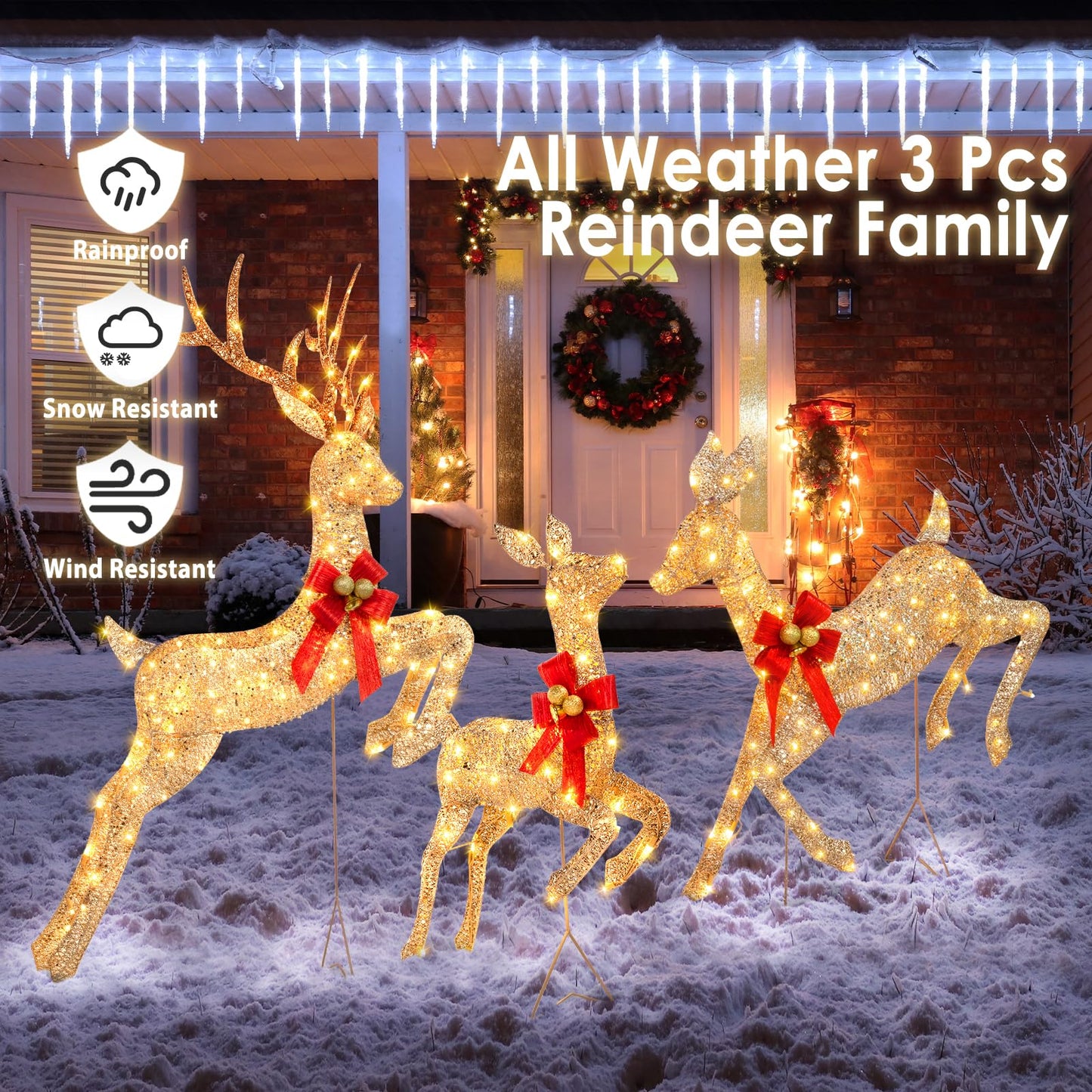 NALONE 4.7 FT Large 3 Pieces Lighted Reindeer Christmas Decoration with 210 Warm White LED Lights, Pre-lit 3D Christmas Deer Family Set Decor Outdoor Yard with Stakes, Bow Ties, Mat
