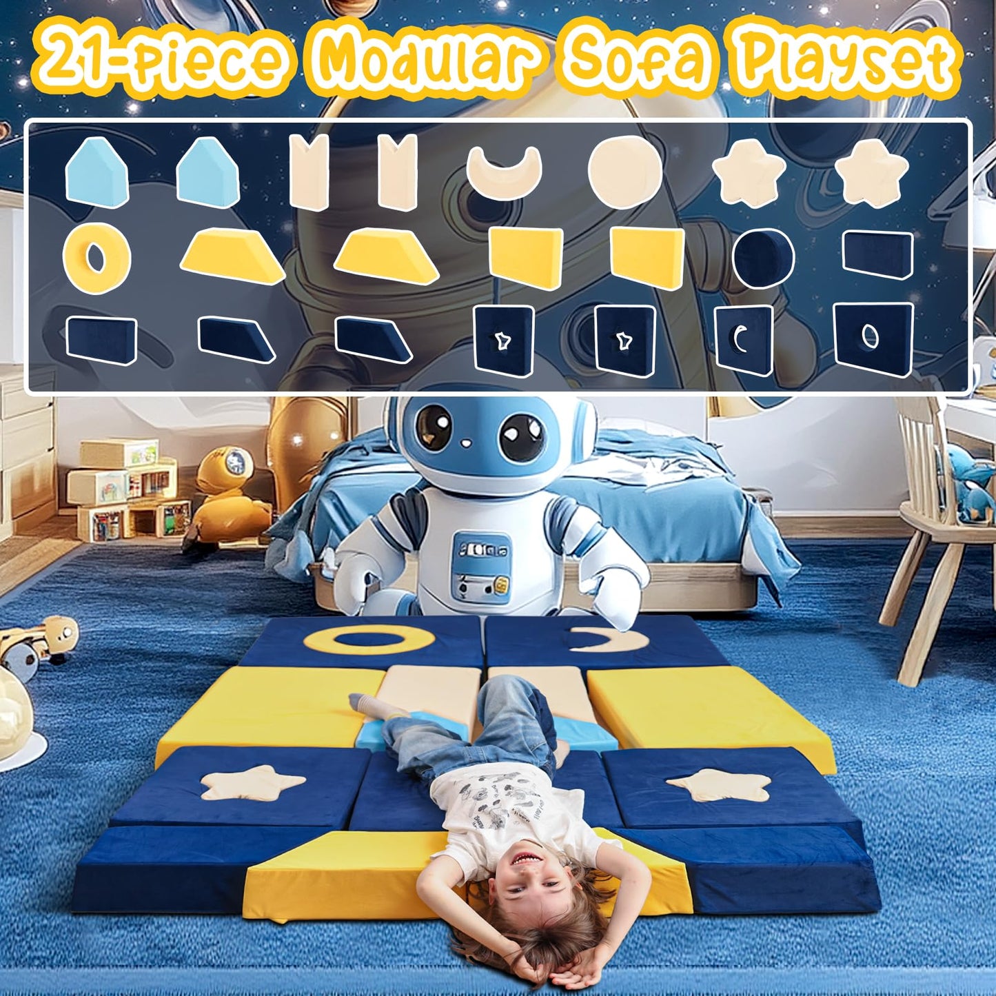 Erament 21PCS Modular Kids Play Couch - Universe Theme Toddler Couch Building Fort, Multifunctional Kids Sofa for Toddler to Teenagers, Playroom, Bedroom