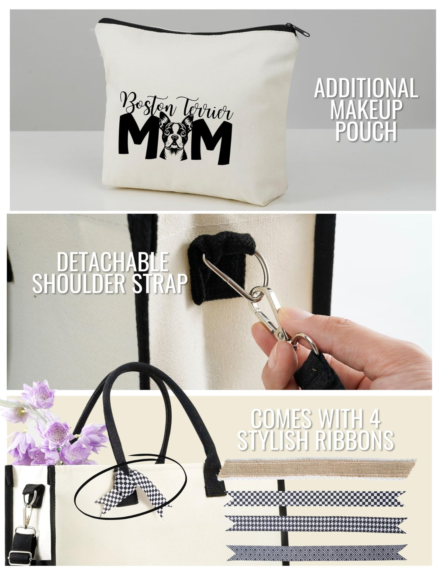 InnoBeta Boston Terrier Gifts for Women Canvas Tote Bag, Boston Terrier Gifts Tote with Top Zipper Closure and Shoulder Strap for Birthday, Mother's Day, Christmas