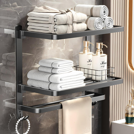 Towel Racks for Bathroom,Soupiar 3 Tier Foldable Bathroom Towel Rack Wall Mounted,16Inch Stainless Steel Shelf Towel Bar,Lavatory Holder with Hooks Shelves（Silver）