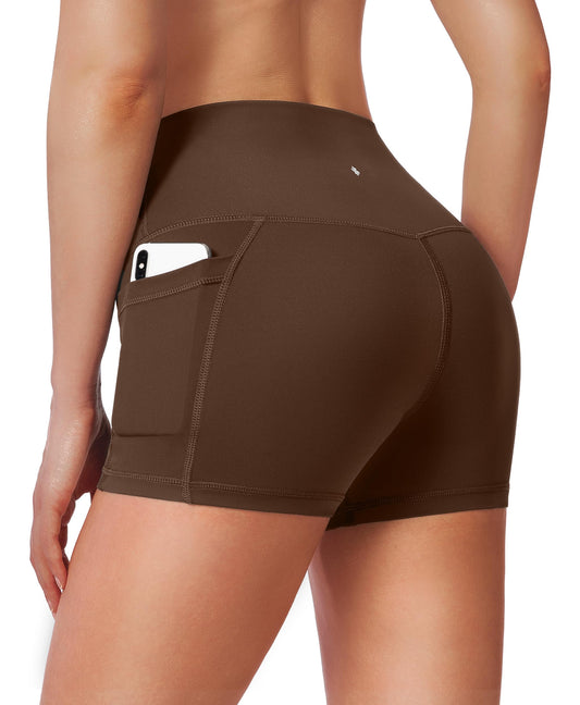 Women's High Waist Yoga Shorts with Side Pockets Tummy Control Running Gym Workout Biker Shorts for Women 3"(Brown, XXL)