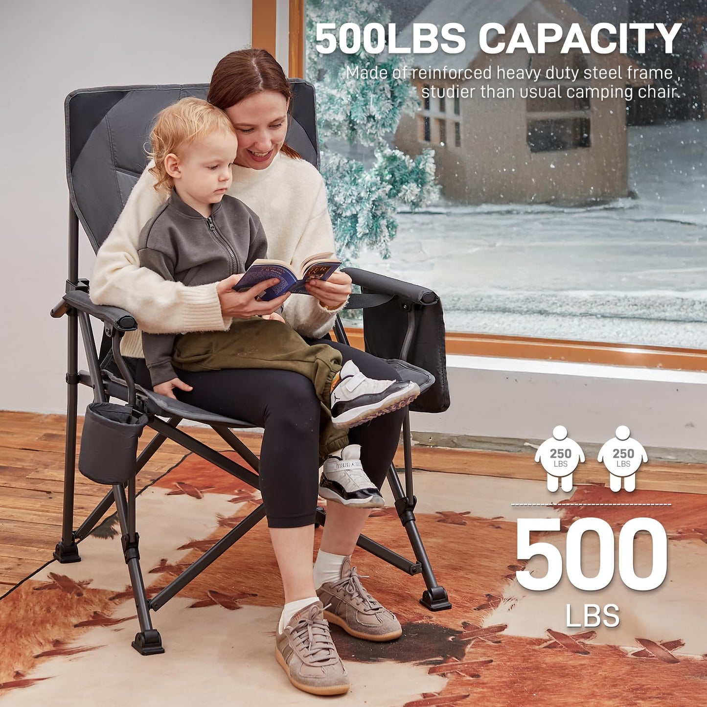 EVER ADVANCED Oversized Folding Camping Chair for Adults with Adjustable Lumbar Support, Heavy Duty Chair with Side Pockets, Portable Collapsible Quad Chair for Outside, Support Up to 500lbs,Grey