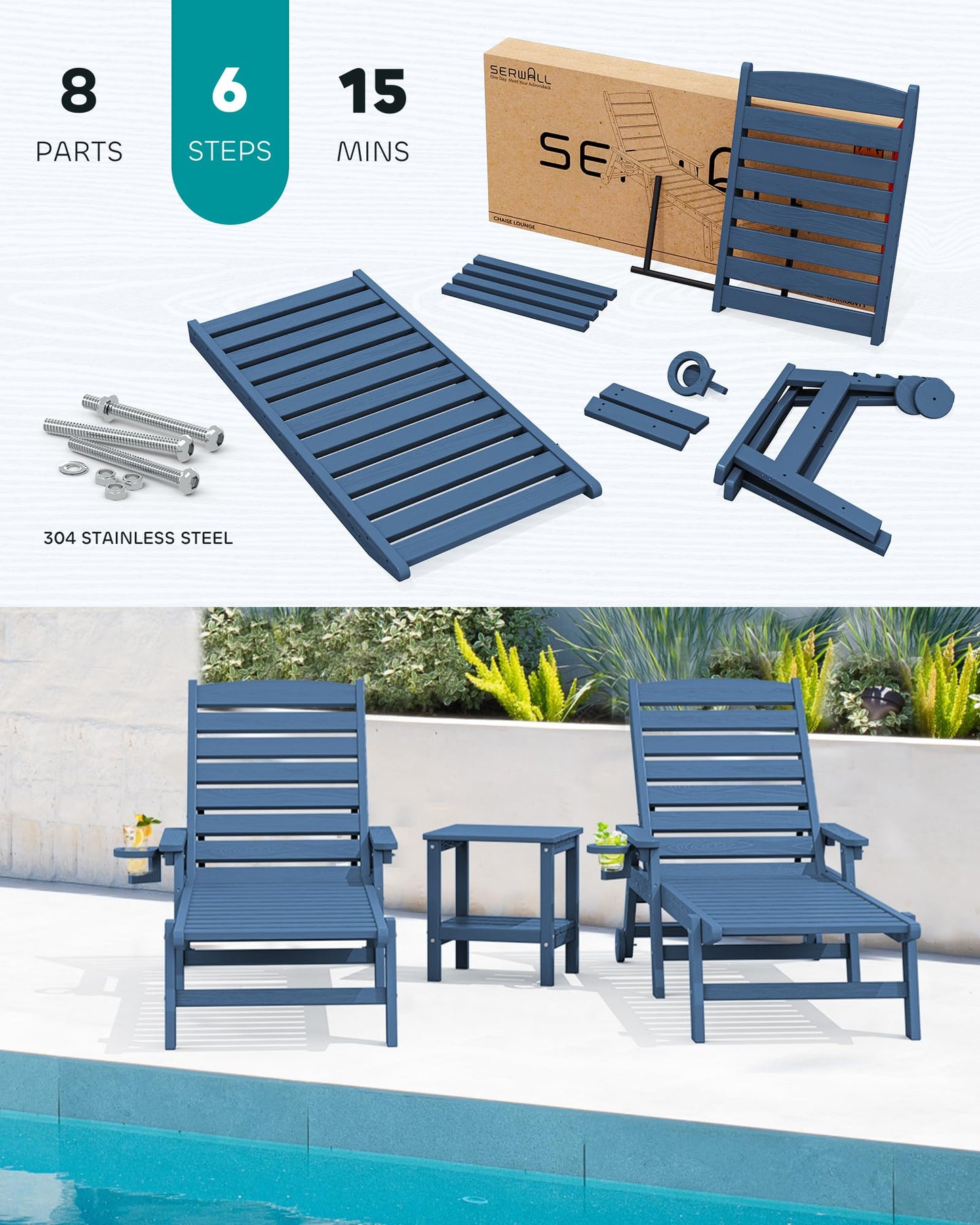 SERWALL Patio Chaise Lounge Chair, 78'' Long HDPE Outdoor Lounge Chair 5 Positions Adjustable Outdoor Lounger, Poly Lounge Chair with Rolling Wheels & Cup Holder for Pool, Navy Blue