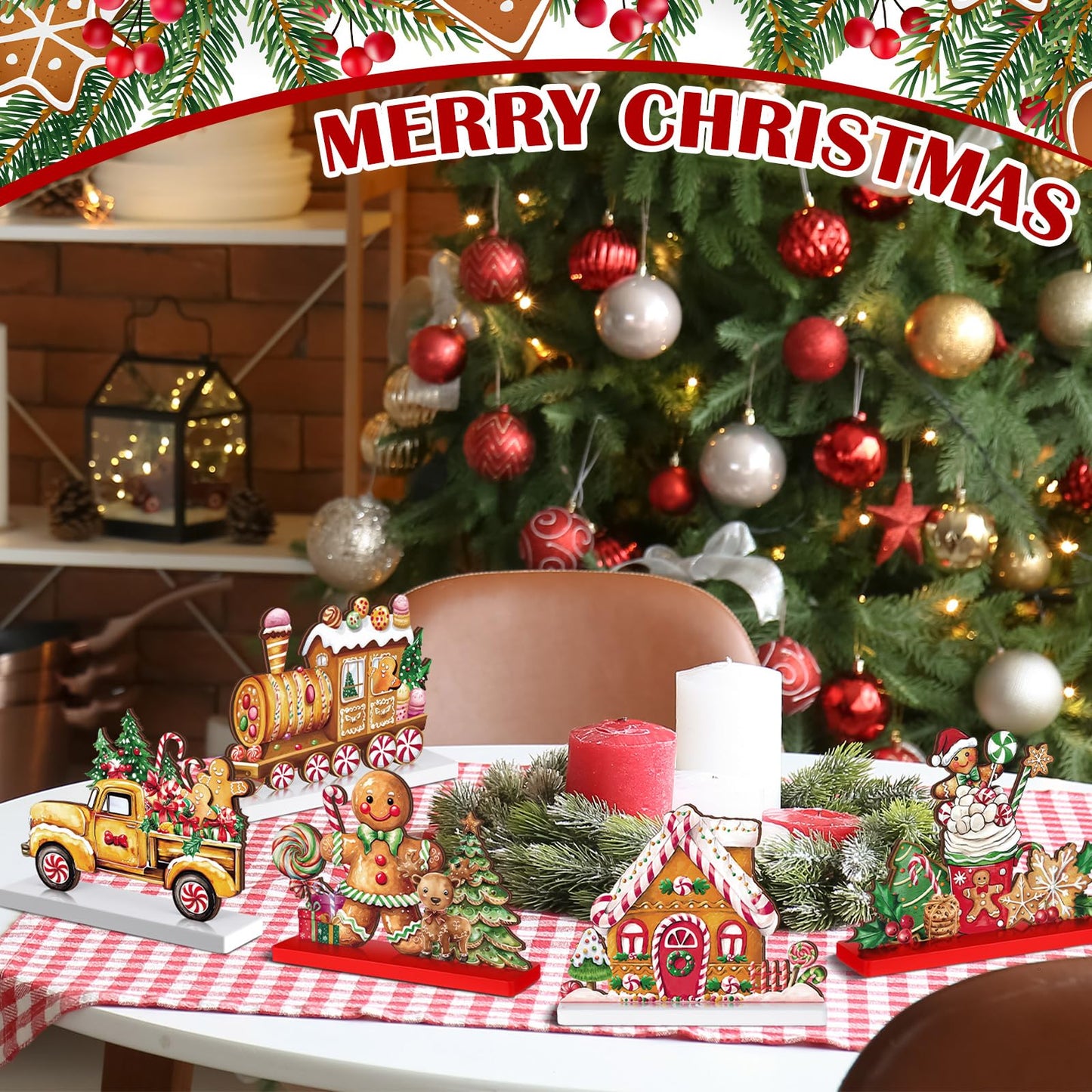 Wonderjune 6 Pcs Christmas Gingerbread Man Table Decoration Signs Wooden Christmas Tabletop Centerpieces Tiered Tray Decor Gingerbread House Truck Train Xmas Decorations for Holiday Party Supplies