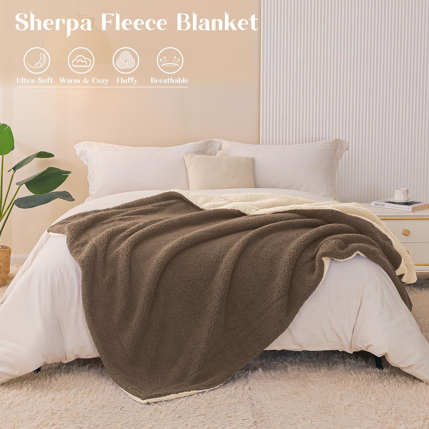 Exclusivo Mezcla Reversible Sherpa Fleece Throw Blanket for Couch, Soft Plush Blanket for Bed, Thick Warm Fluffy Blankets for Winter, 50x60 Inches, Brown/Khaki