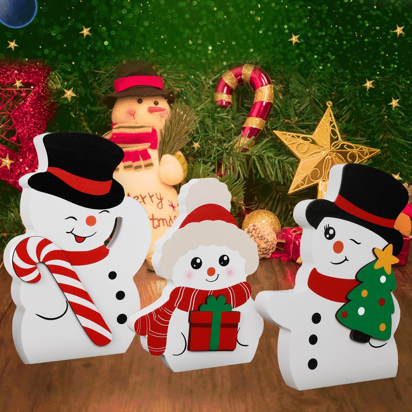 3PCS Snowman Christmas Decorations Indoor, Cute Snowman Winter Tiered Tray Decor Set, Christmas Centerpiece Ornaments Signs for Xmas Party Home Office Shelf Decor