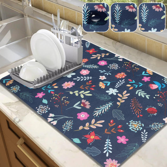 LOKHOM Dish Drying Mat for Kitchen Counter, 18"x24" Absorbent Coffee Bar Mat with Colorful Floral, Vintage Dish Drainer Rack Mat