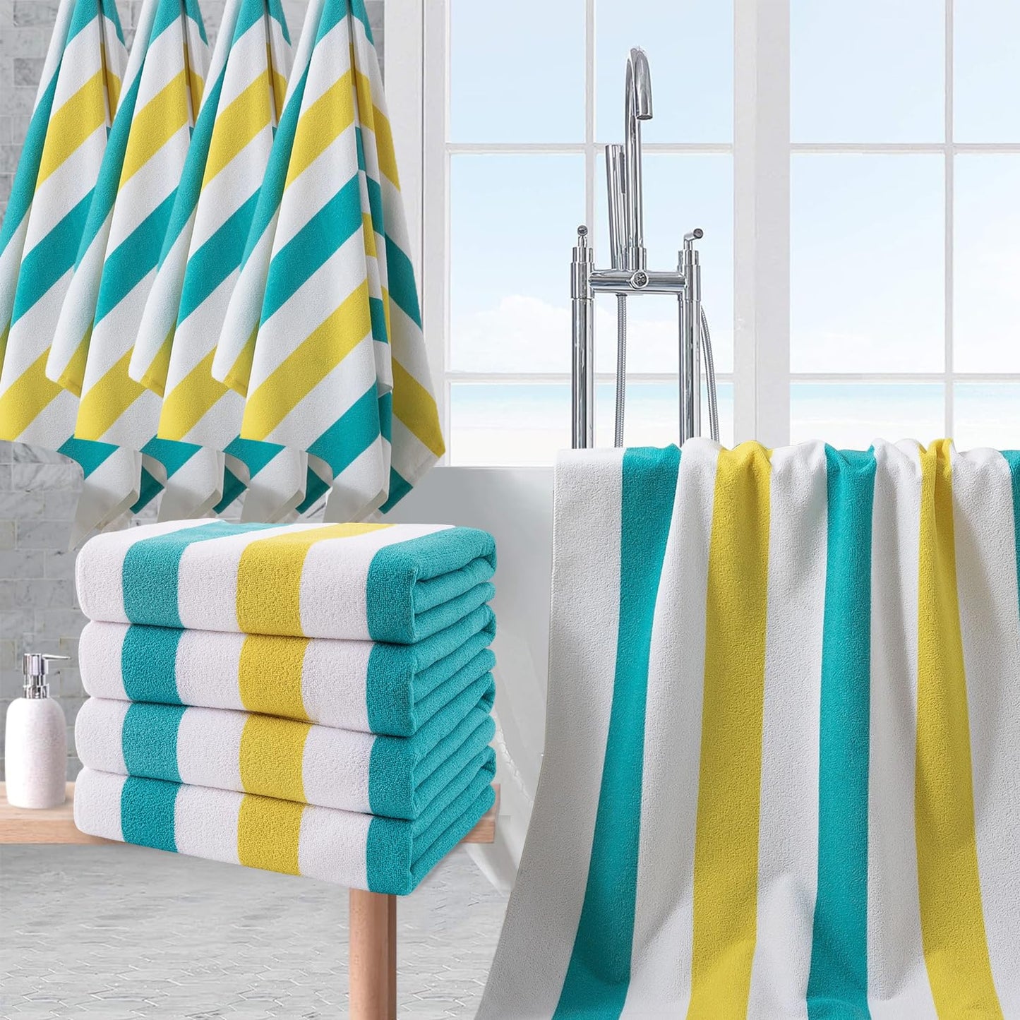 Beach Towel Set-4 Pack 30"x60" Sand Free Stripe Beach Towel for Pool,Bathroom,Soft Absorbent Quick Dry Lightweight Beach Bath Towel,Camping Blanket,Travel Towel,Beach Essentials for Adults,Teal/Yellow