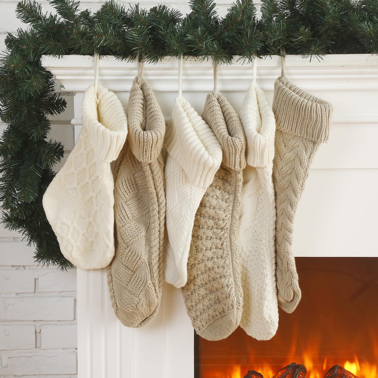 Syhood 6 Pack Cable Knit Christmas Stockings 18'' 15'' Large Knitted Stockings Ornaments Farmhouse Xmas Rustic Boho Decorations for Family Holiday Decor, 6 Styles(Khaki and Cream)