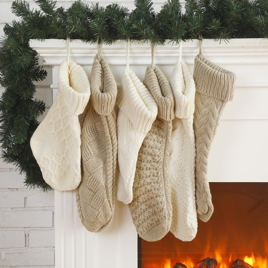 Syhood 6 Pack Cable Knit Christmas Stockings 18'' 15'' Large Knitted Stockings Ornaments Farmhouse Xmas Rustic Boho Decorations for Family Holiday Decor, 6 Styles(Khaki and Cream)