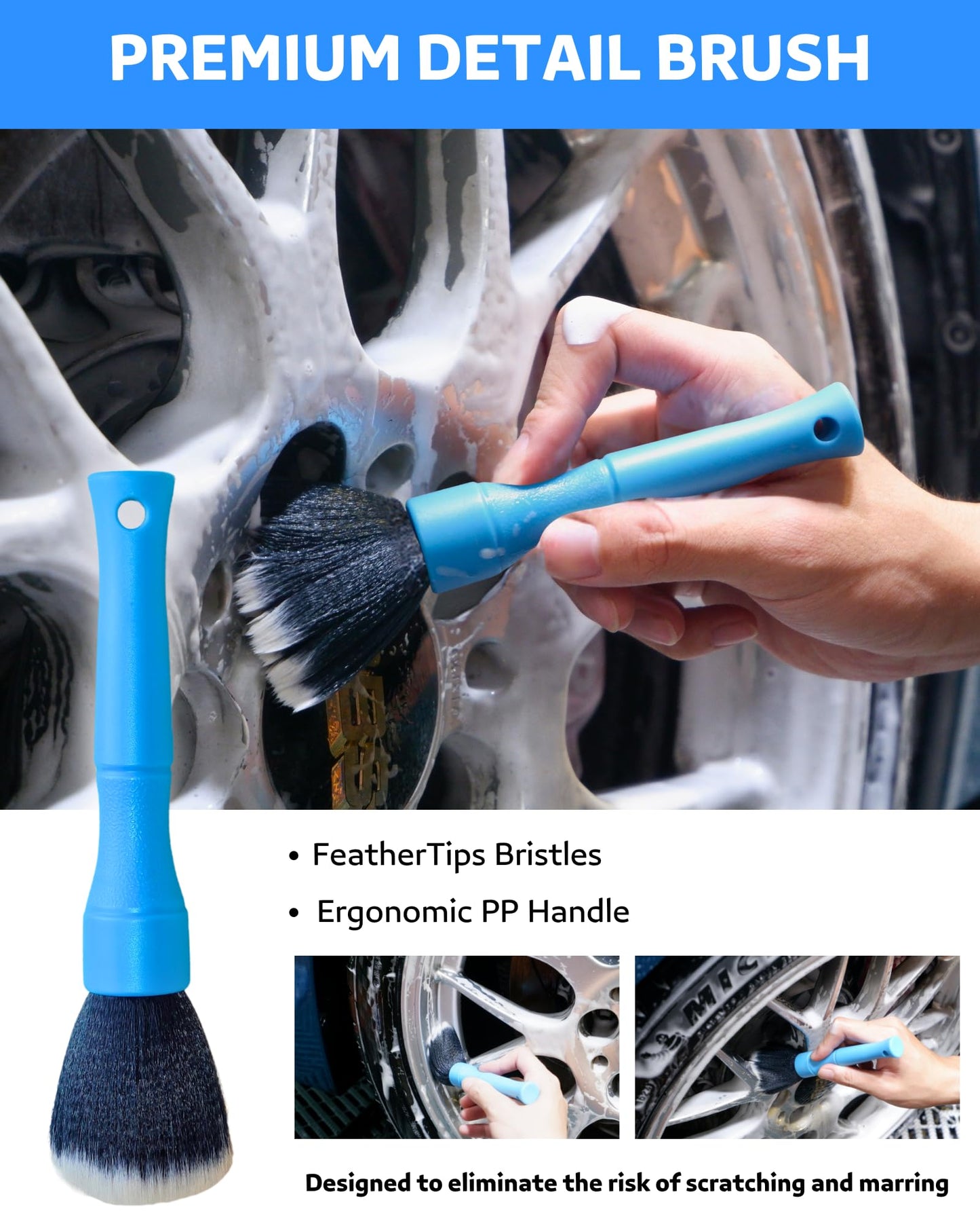 oesee Car Wheel Cleaning Kit: Wheel and Rim Flagged Tip Brush, Bendable Barrel Brush, Wheelie Mitt, Scratch-Free Detail Brush for Rims & Tires - Durable & Multipurpose Clean Wheel Hard to Reach Areas